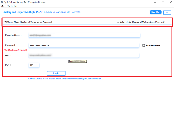 After that, select Single or Batch mode, then sign in with your TalkTalk email credentials.