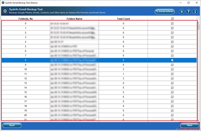 Choose the mailbox folders from your Gmail account preview panel.