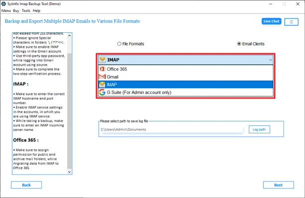 Further, choose IMAP from the list and click the Next button