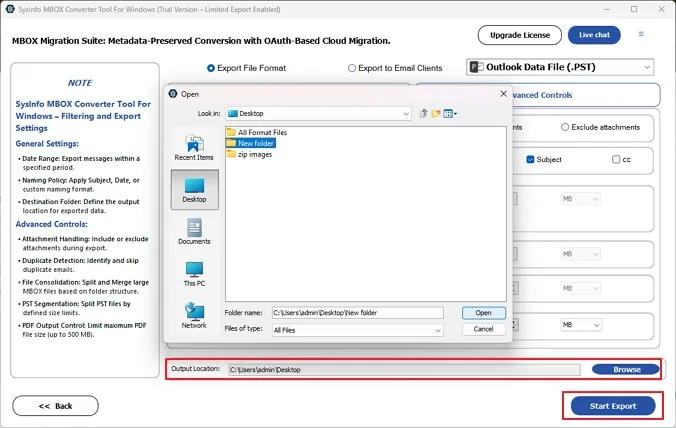 In the end, specify the output location for the files and click on Start Export to complete the process. 