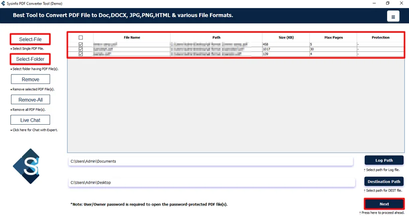 Thereafter, browse, select, and add the PDF files and click Next.