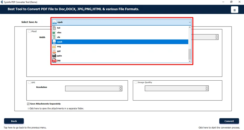 Afterwards, choose the EPUB file format from the list.