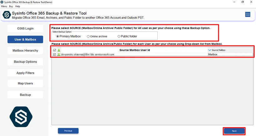 Now, choose the Backup option and user ID and click Next.