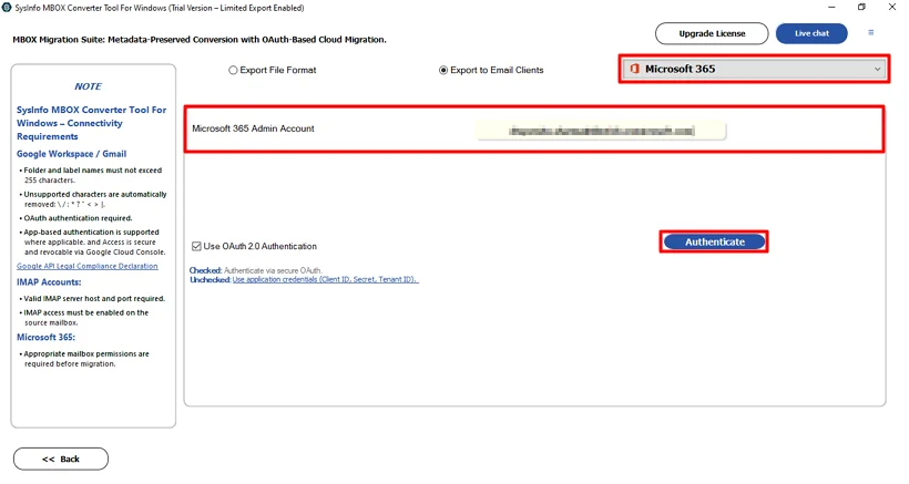 Thereafter, choose Microsoft 365 and click Authenticate.