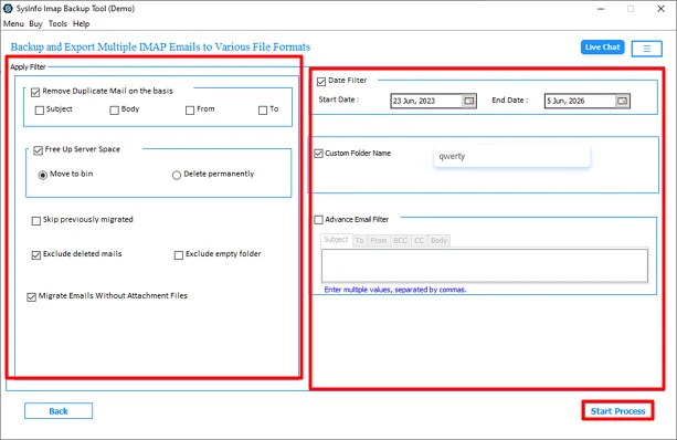Apply the filters & options and hit Start Process to begin.