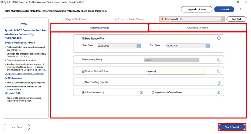 Finally, use the filters and options and click Start Export.