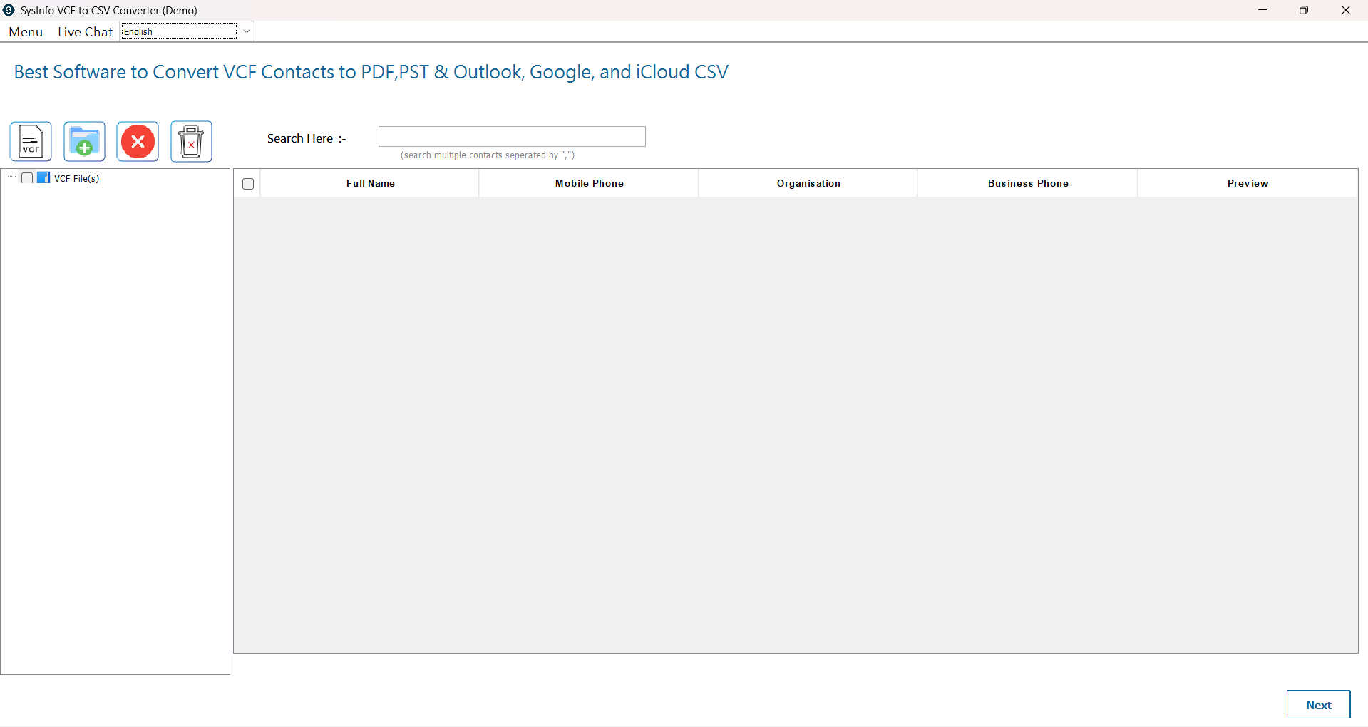 screenshot of VCF to CSV Converter
