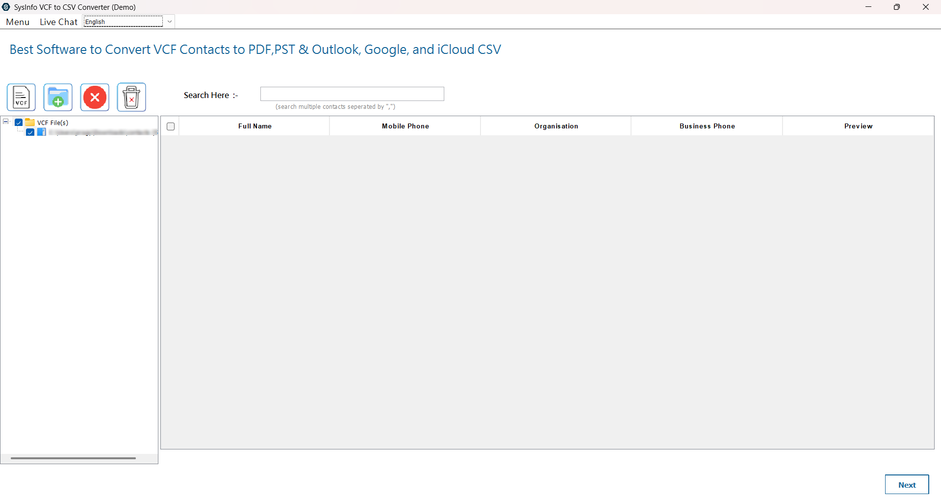 screenshot of VCF to CSV Converter