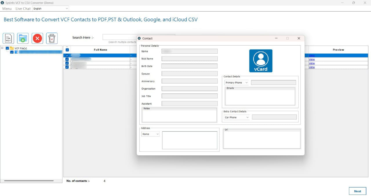 screenshot of VCF to CSV Converter