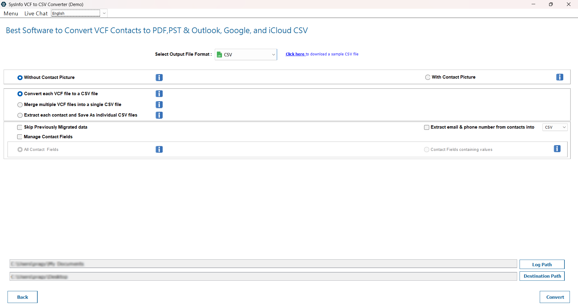 screenshot of VCF to CSV Converter