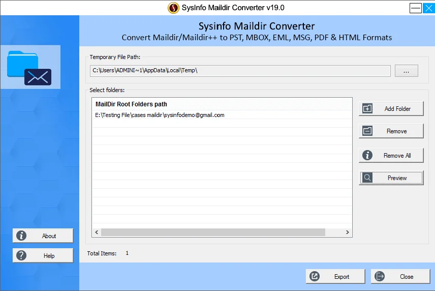 screenshot of Maildir to PST Converter