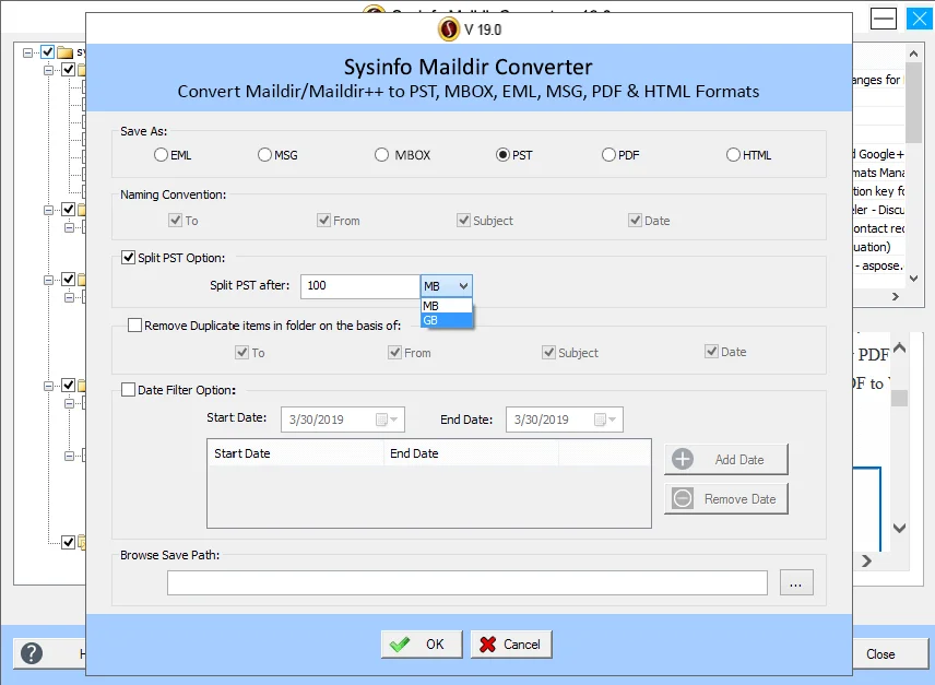 screenshot of Maildir to PST Converter
